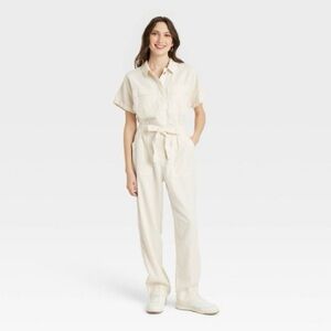 Universal Thread Short Sleeve Button Front Waist Tie Linen Boiler-Suit Jumpsuit